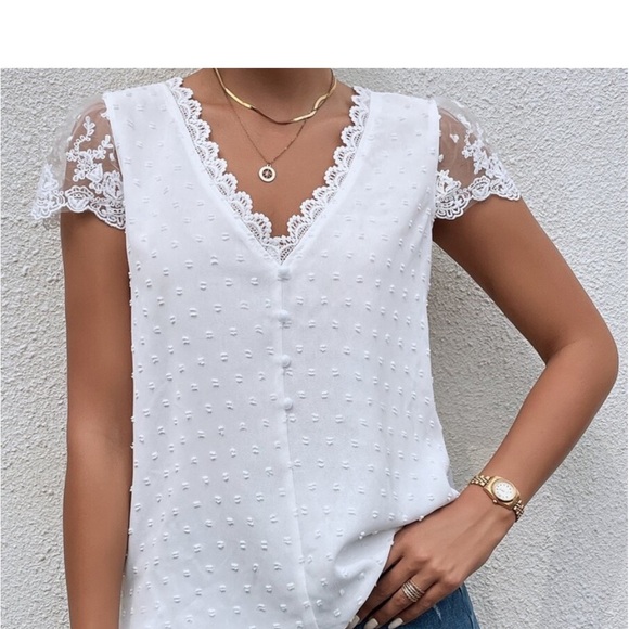 Elegant Sheer Mesh Swiss Dot Floral Lace Top Blouse Shirt Hot Pink - Picture 7 of 13